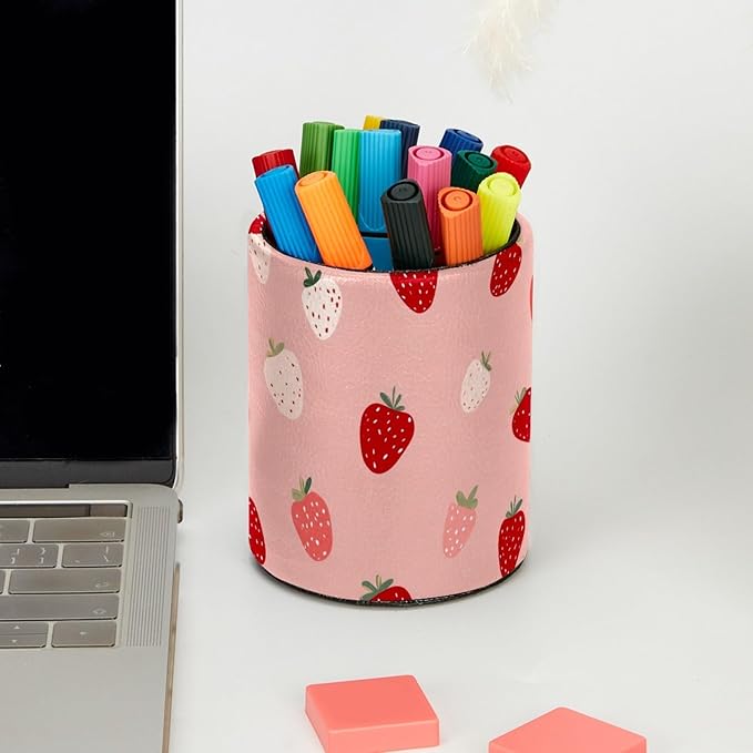 Leather Pen Holder for Desk Strawberries Pencil Cup Desktop Organizer Makeup - Image 5