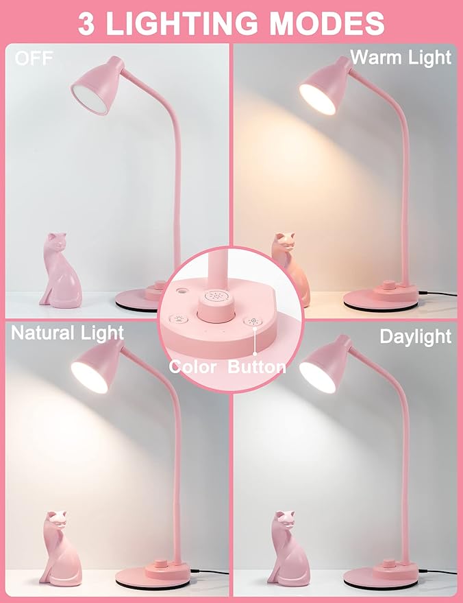 BOHON Cute Desk Lamp with USB Charging Port, Flexible Neck Auto Dimming Table - Image 2