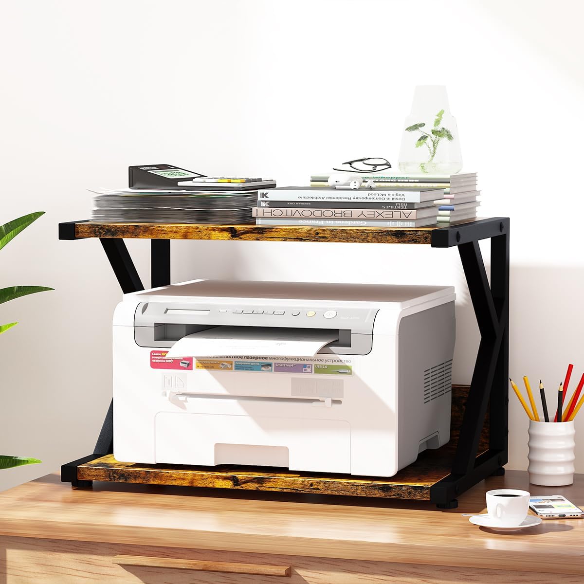 aboxoo Desktop Printer Stand with 2 Tier Wood Storage Shelves,Under Desk Prin...