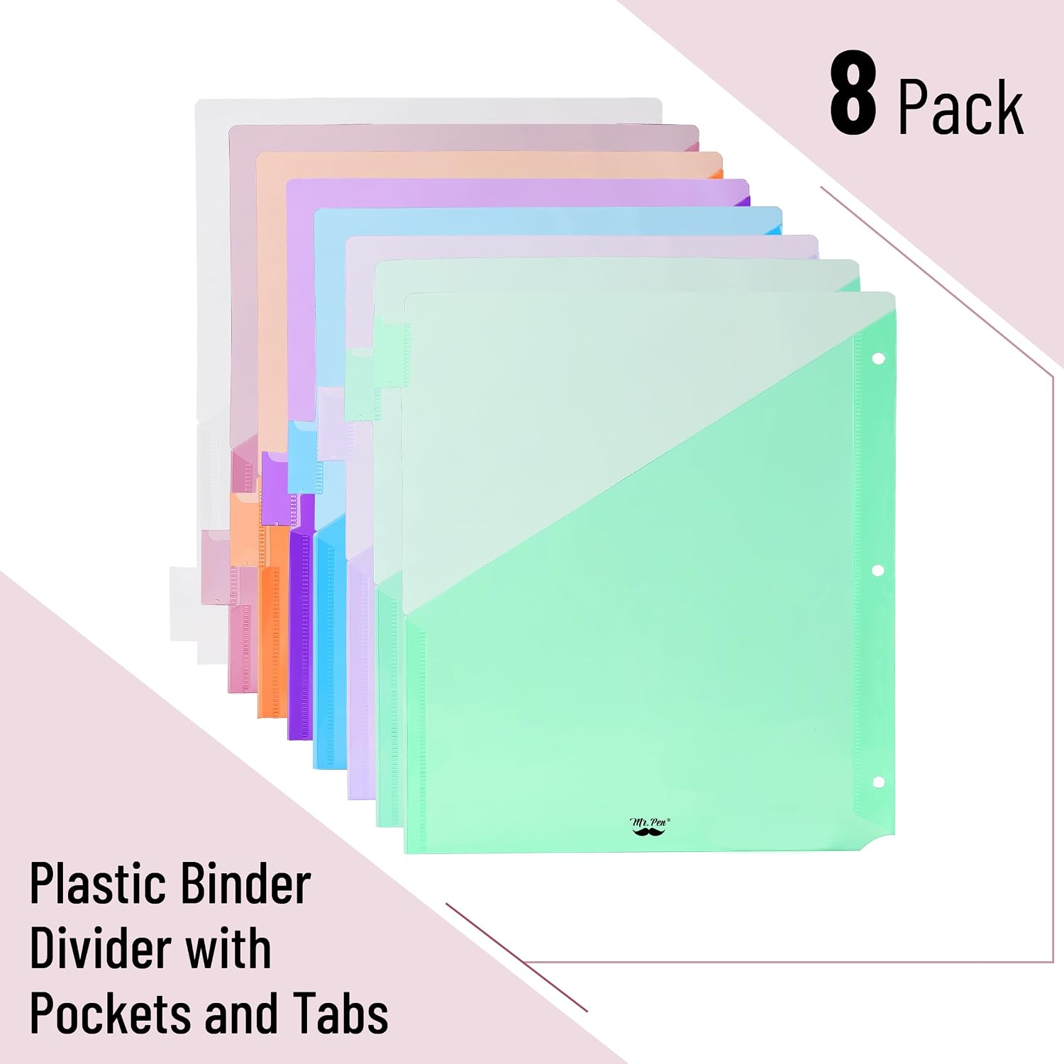 Mr. Pen- Binder Dividers with Pockets and Tabs, 8 Pack | Pocket Dividers for 3 Ring Binder with Tabs, Binder Dividers with Pockets, Dividers with Pockets, Binder Divider