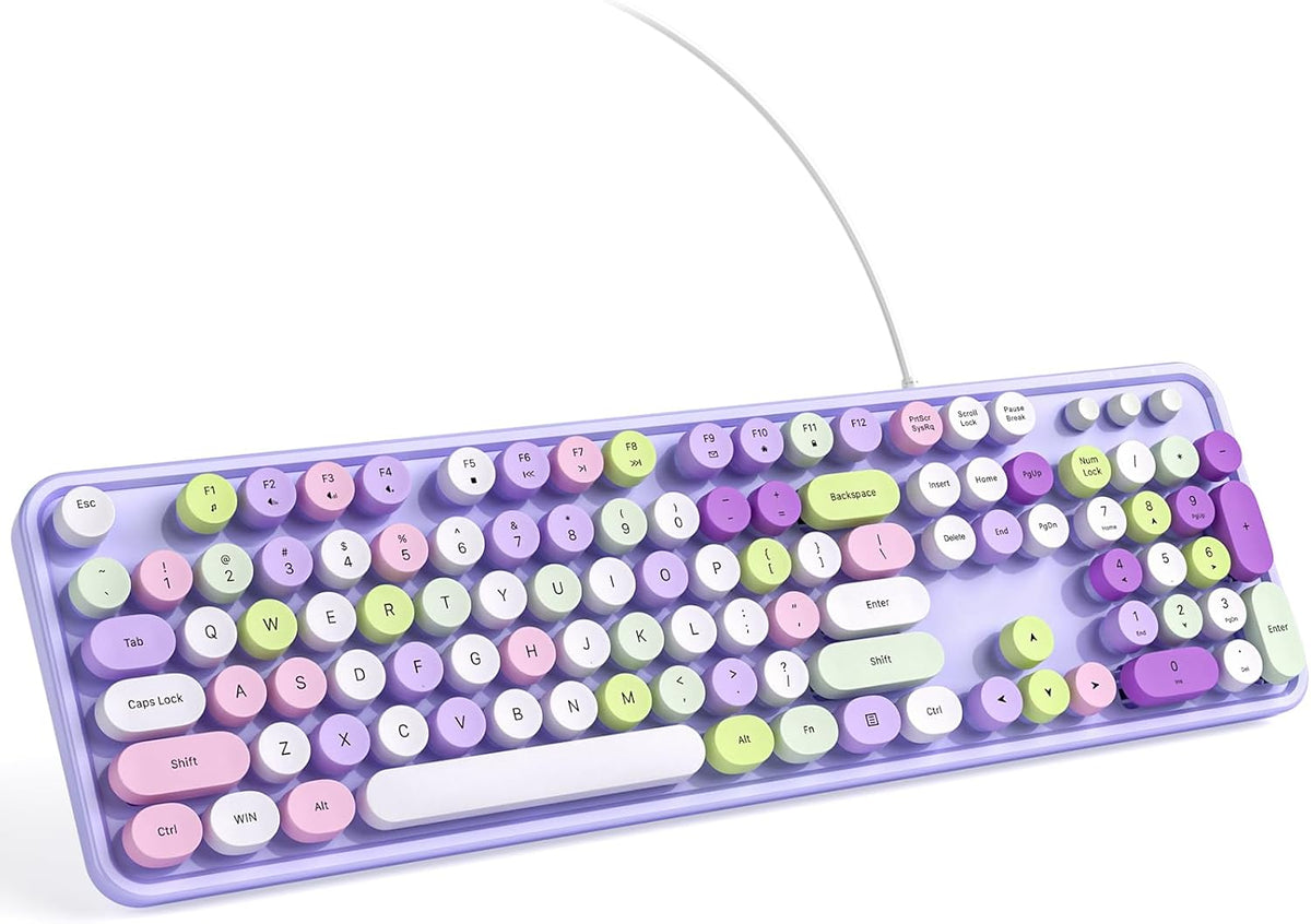 KNOWSQT Wired Computer Keyboard - Purple Colorful Retro Full Size Round Keyca...