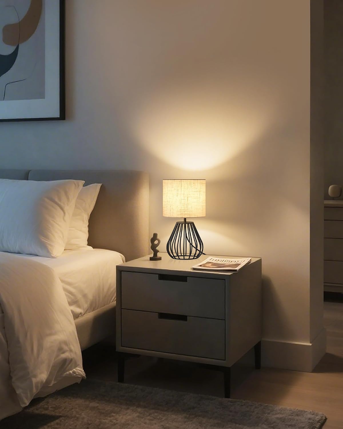 Small Bedside Table Lamp, Black Table Lamp with Metal Cage & Linen Lampsh...