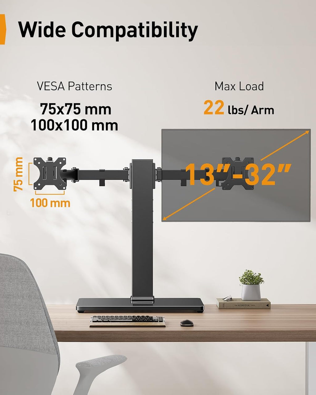 perlegear dual monitor stand with power strip, freestanding shown in use
