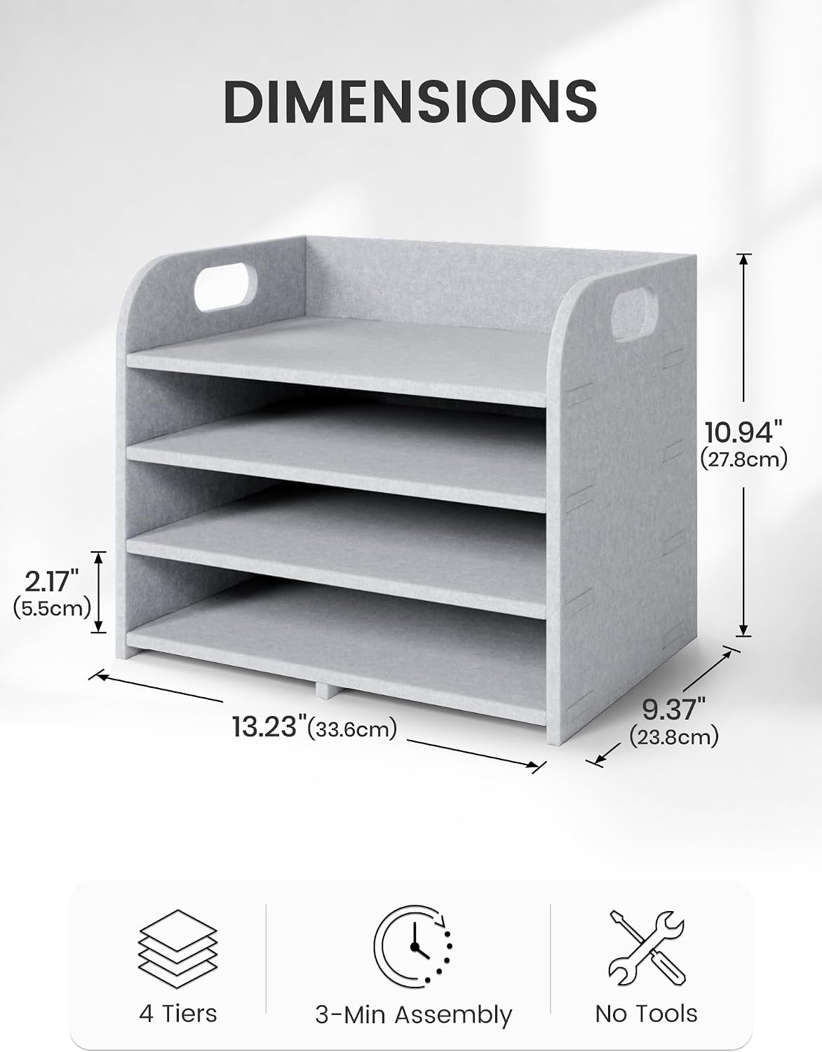 Fluxynara 4-Tier Felt File Organizer with Carry Handles, Soft Gray