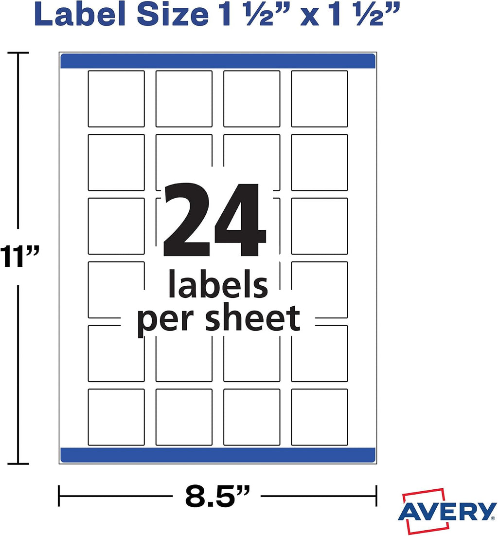 Avery® Printable Blank Square Labels, 1.5" x 1.5", Matte White, 600 Customizable Labels (22805)