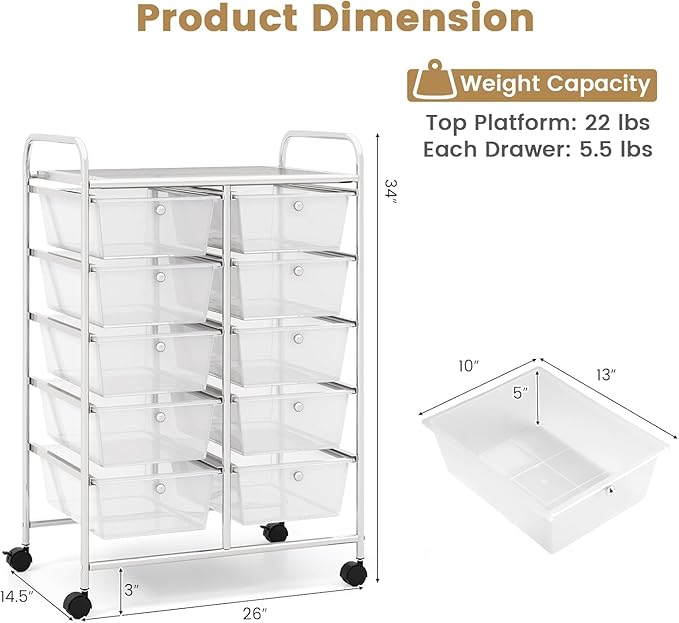 LDAILY 10 Drawer Rolling Cart, Storage Cart Organizer on Wheels, Drawer Cart - Image 3