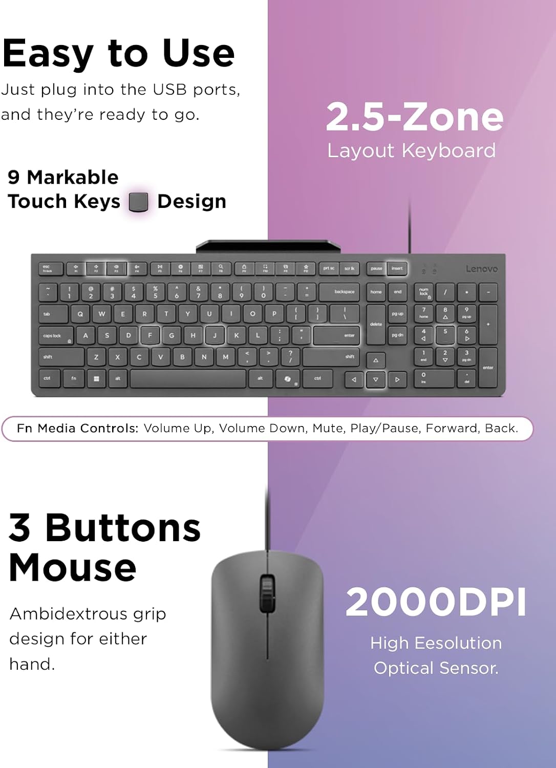 Lenovo 310 USB-A Wired Keyboard Mouse Combo, Quiet Keys, Ultra-Slim Gaming De...