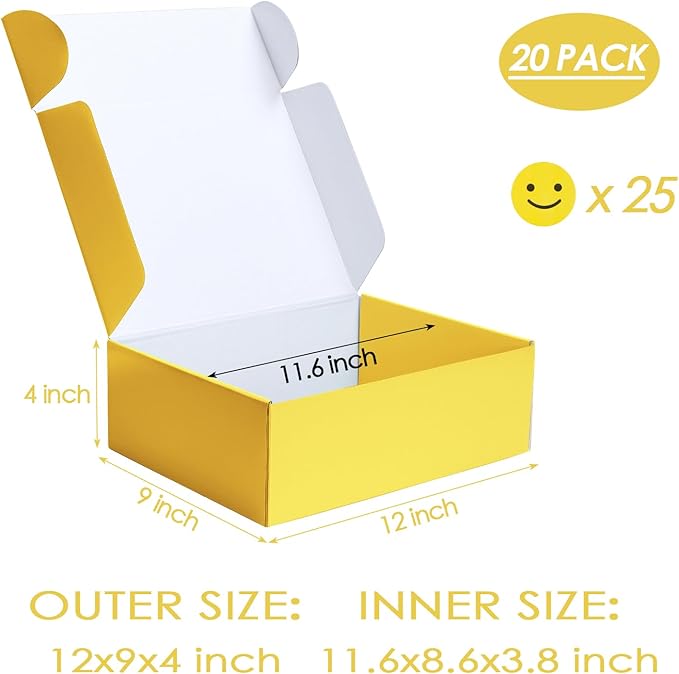 PHAREGE 12x9x4 inch Gift Shipping Boxes Bulk 20 Pack Yellow, Tab Lock Tuck Top - Image 2