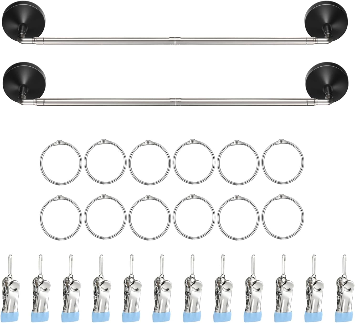 Adjustable Magnetic Rod for Classroom and Meeting Room Whiteboard, Flip Chart Calendar Holder, Easel Paper Holder, with Rings and Clips, Maximum Length 41", Maximum Width 3.7"(Black, 2 Pack)