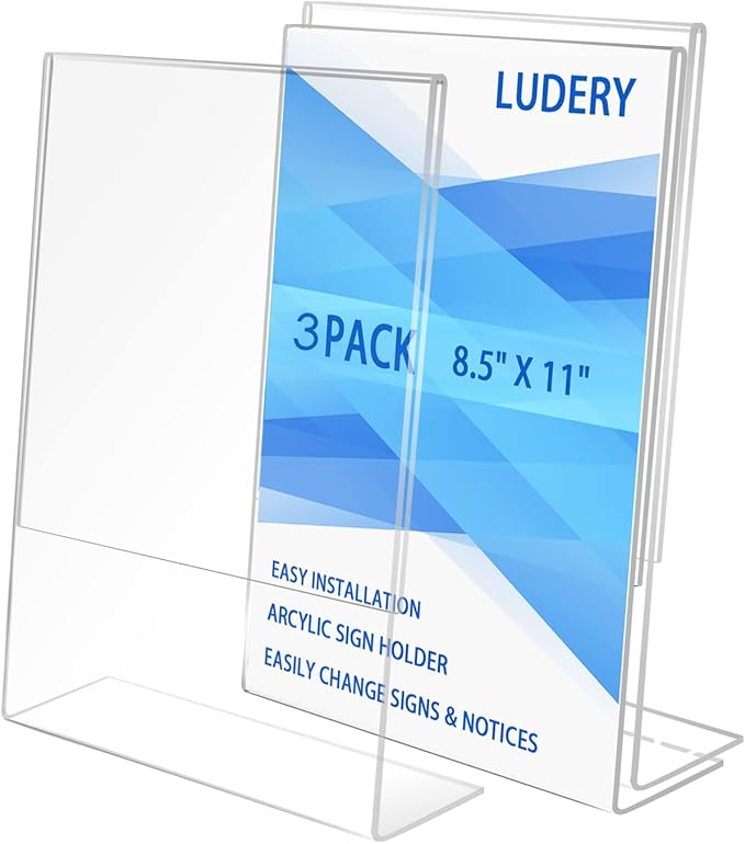 Ludery 8.5x11 Inches Acrylic Sign Slant Back Holder, Plastic Display Stand by Ludery