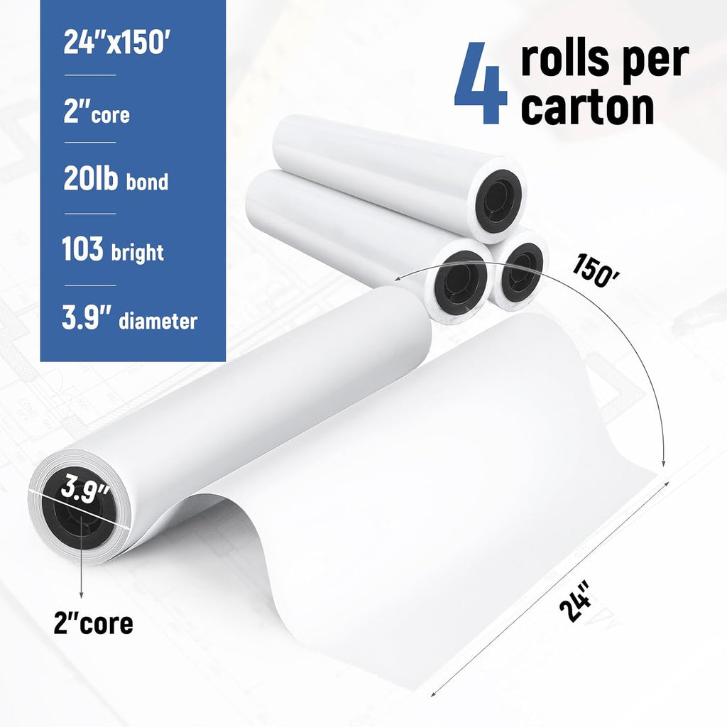 Plotter Paper 24"x 150' Wide Format Blueprint Paper, 4 Rolls, Goefun 20lb CAD Bond Rolls on 2" Core for CAD Printing on Inkjet Printers