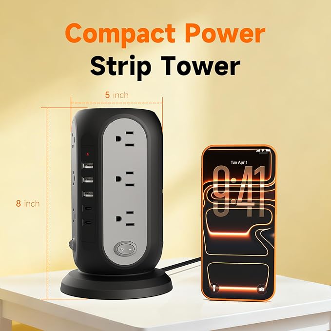 Tower Power Strip with 12 Outlets and 5 USB Ports, Flat Extension Cord 10 Ft - Image 4