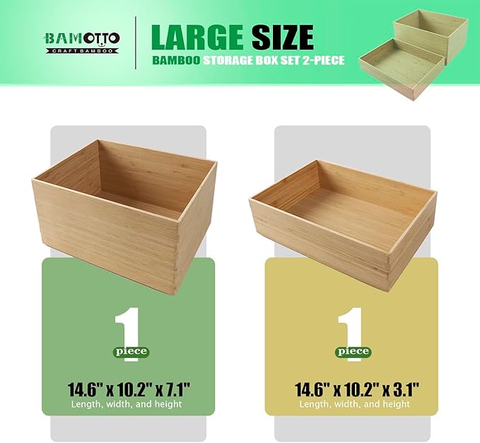 2-Piece Large Bamboo Storage Box Set, 7.1 in High Stackable Deep-Drawer - Image 2