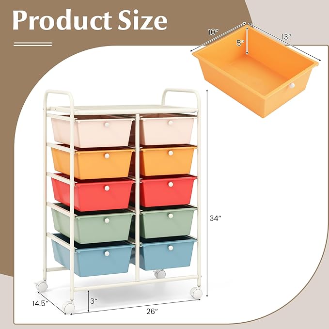 GOFLAME 10-Drawer Rolling Storage Cart, Art Craft Storage Organizer on Wheels - Image 3