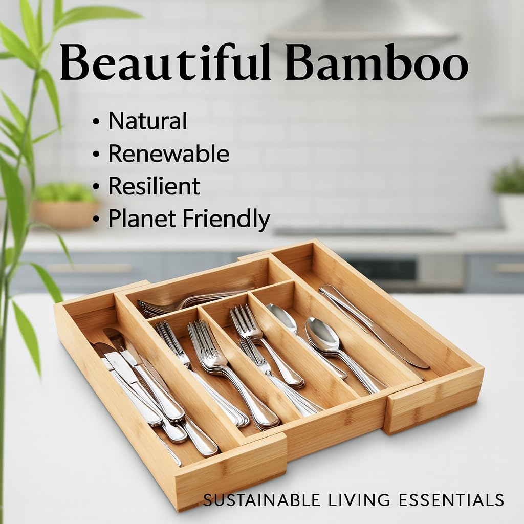 HIC Kitchen Expandable 6-Slot Silverware Cutlery Utensil Storage Tray, Natura...