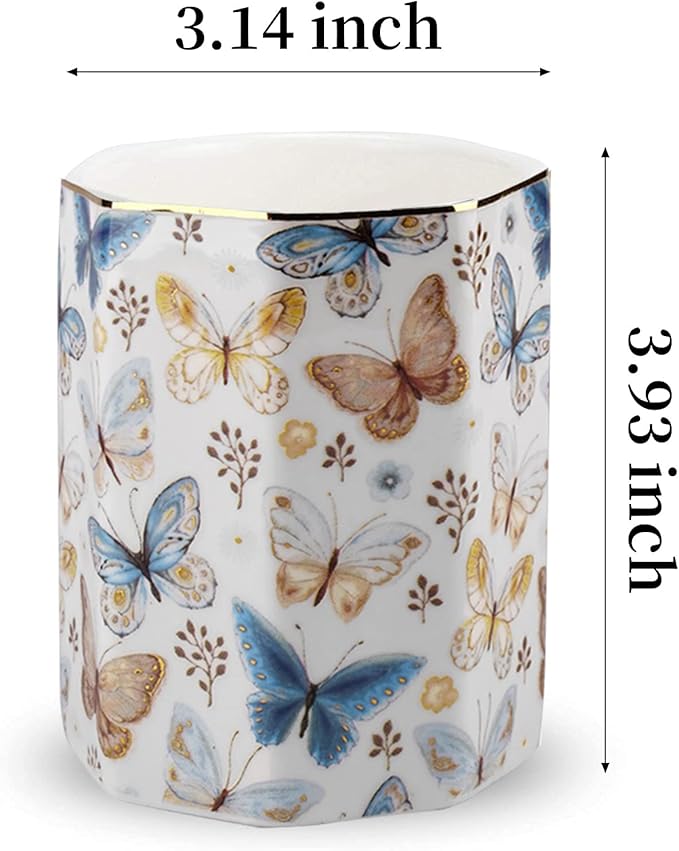 Jwest Pen Holder, Ceramic Shiny Gold Graphic Butterfly Pattern Pencil Cup - Image 4