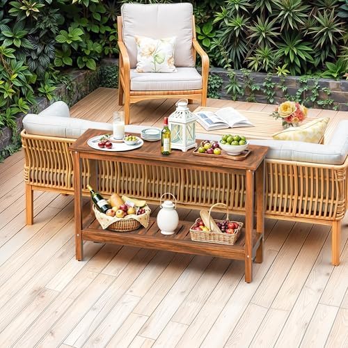 SUPER DEAL 2-Tier Solid Wood Side Table, Outdoor Console Table with Storage S...