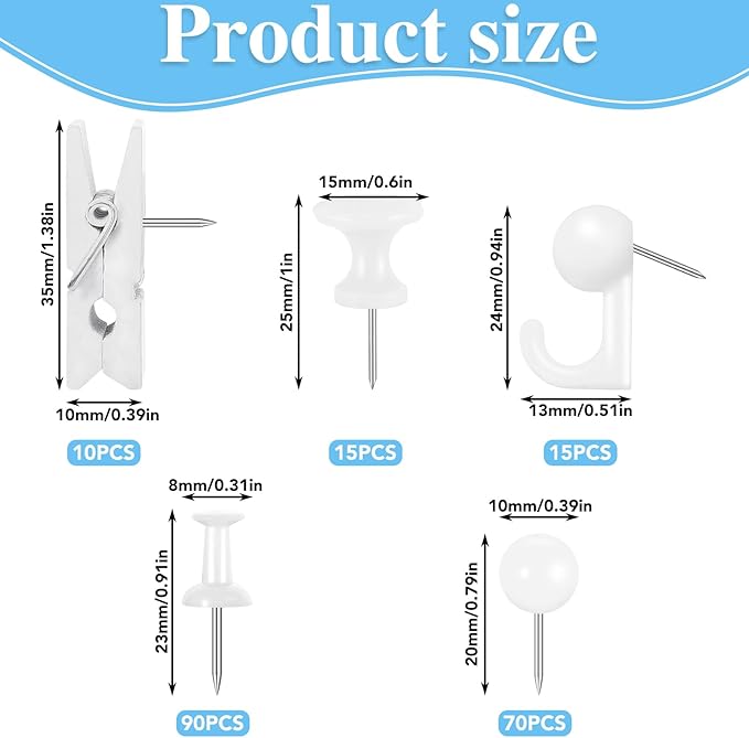 BESARME 200 Pieces Push Pins Set, 5 Types White Thumb Tacks Cute Decorative - Image 2