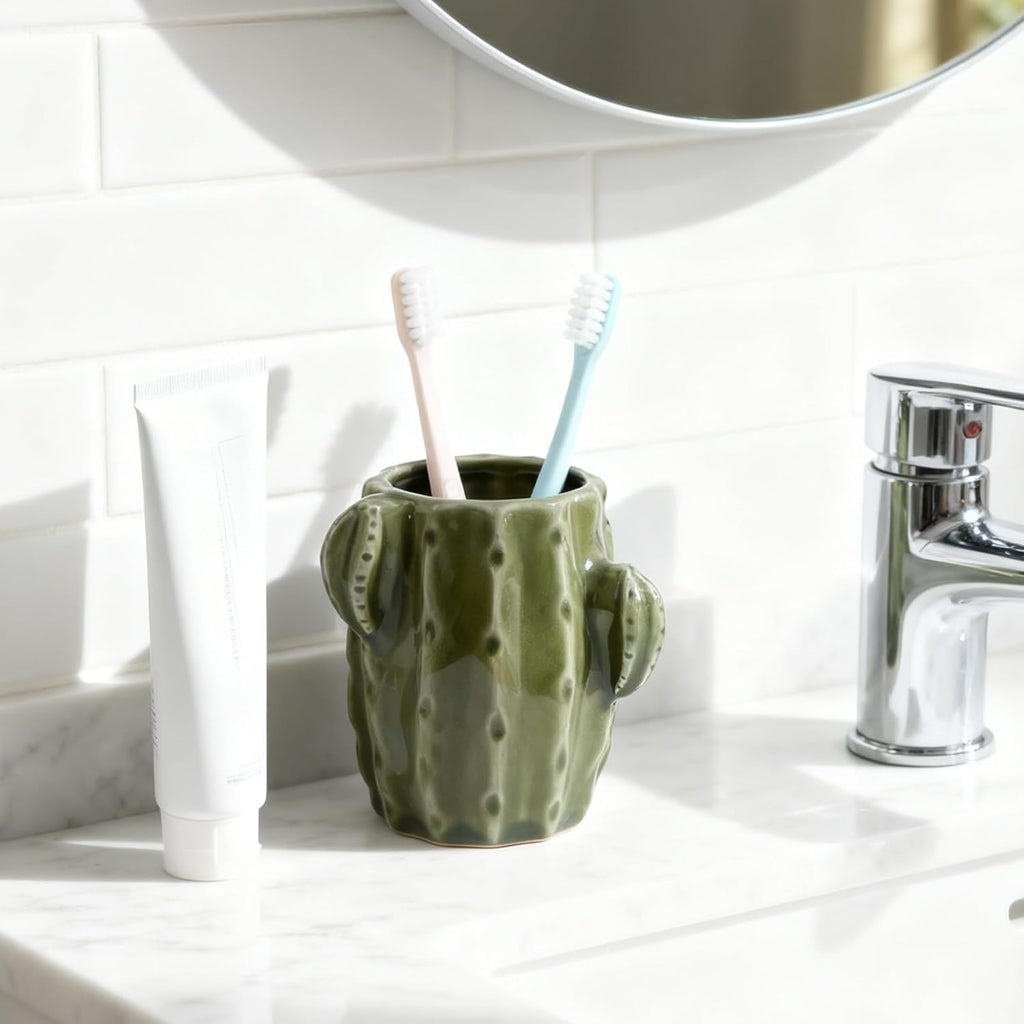 Cactus Ceramic Pencil Holder for Desk, Cute Western Office Decor | Stable Organizer for Pen, Makeup Brush & Toothbrush, Lovely Decor for Bathroom, School or Home Desk, Ideal Gift Choice