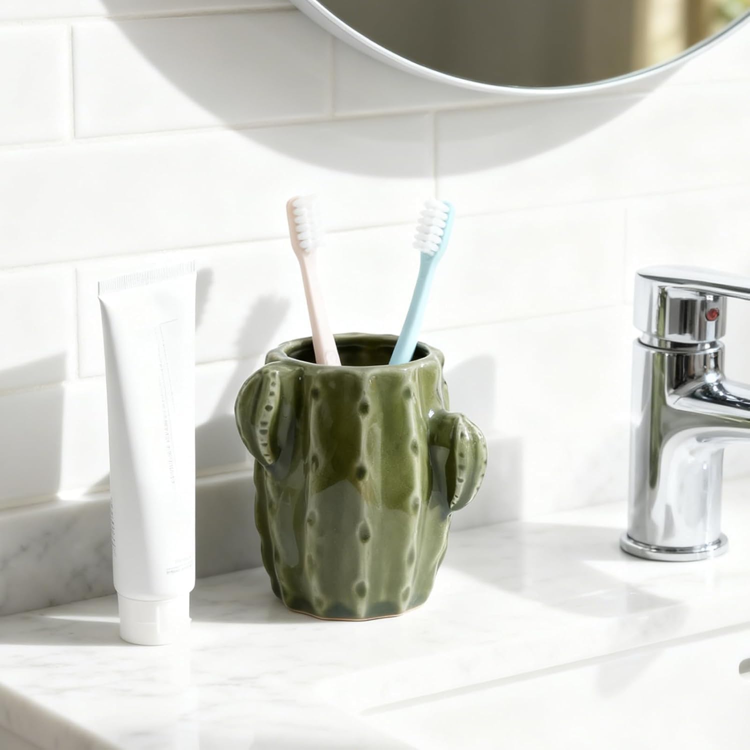 Cactus Ceramic Pencil Holder for Desk, Cute Western Office Decor | Stable Organizer for Pen, Makeup Brush & Toothbrush, Lovely Decor for Bathroom, School or Home Desk, Ideal Gift Choice