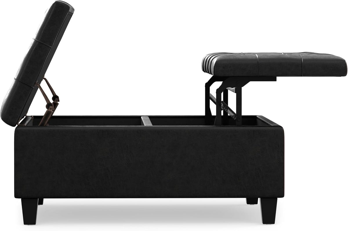 SIMPLIHOME Harrison 36" Wide Vegan Leather Lift Top Ottoman in Black