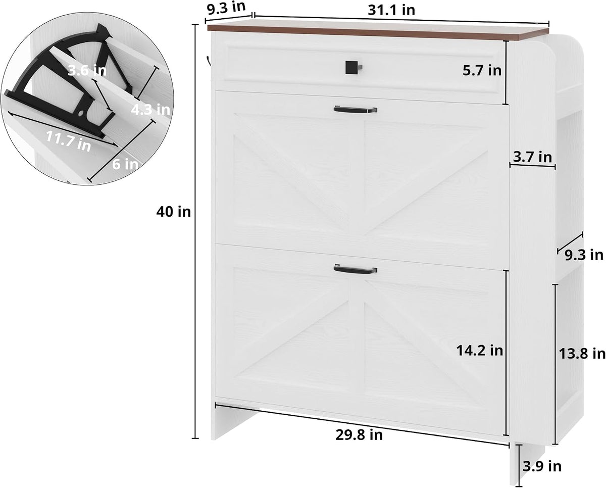 IRONCK Shoe Storage Cabinet with 2 Flip Drawers & Barn Door, White/Walnut