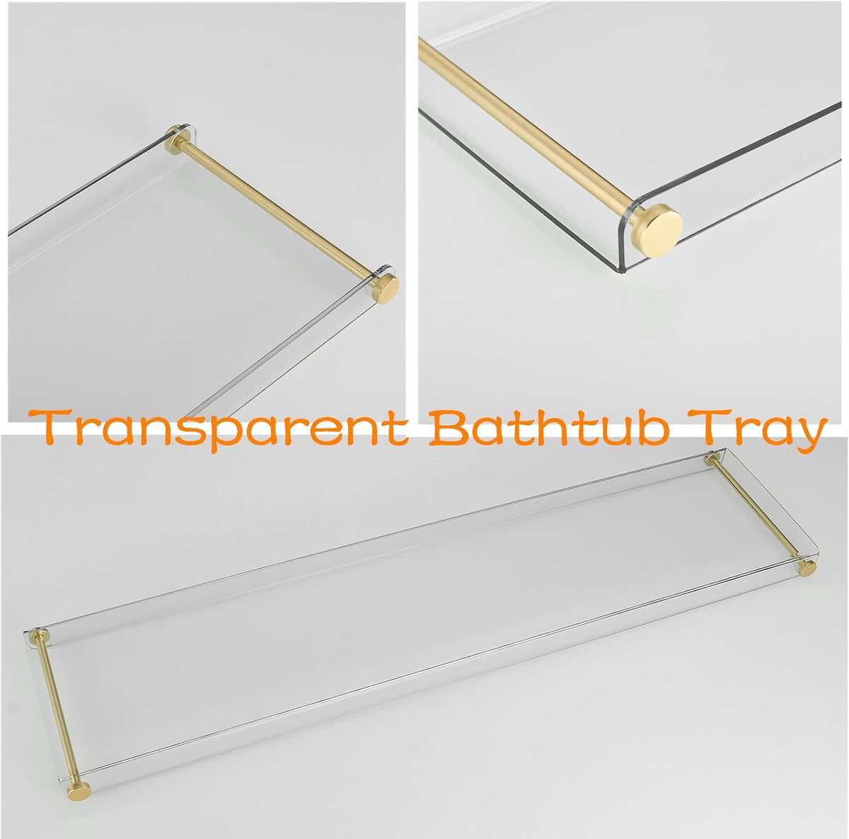 Beelee Clear Acrylic Bathtub Tray, Gold Rail Waterproof Tub Caddy Accessory