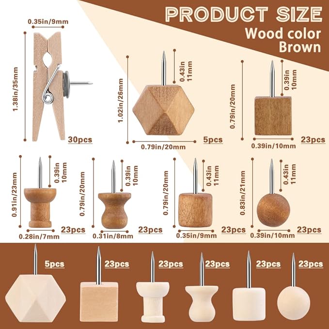 270 Pcs Wood Push Pins, 2 Colors and 7 Types Decorative Thumb Tacks Wooden Head - Image 2