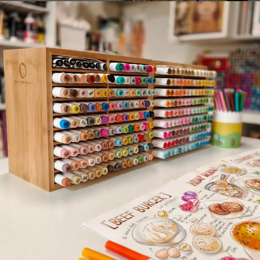 ohuhu bamboo marker organizer, wooden desktop storage holds showing dimensions