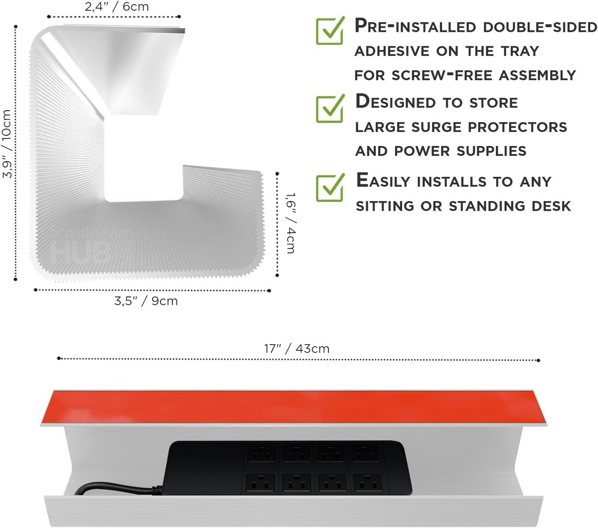 Scanfield Under Desk Cable Management Tray, No-Screw, 17-Inch, 2-Pack White