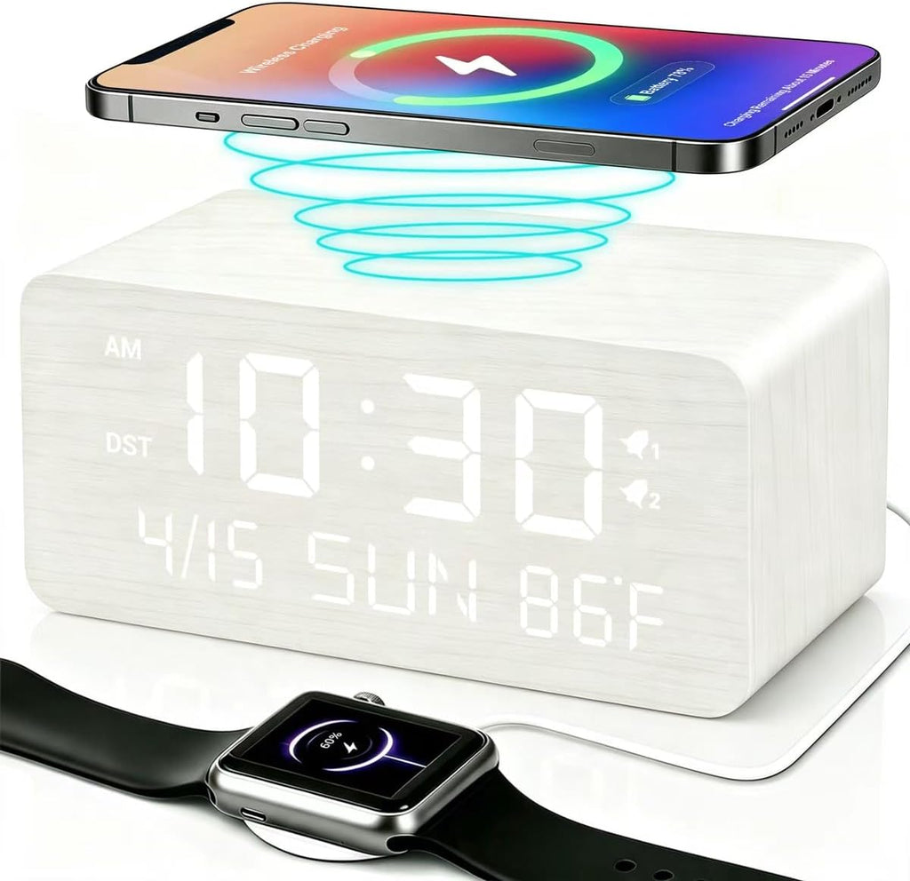 premium white wooden digital alarm clock with wireless, main product view