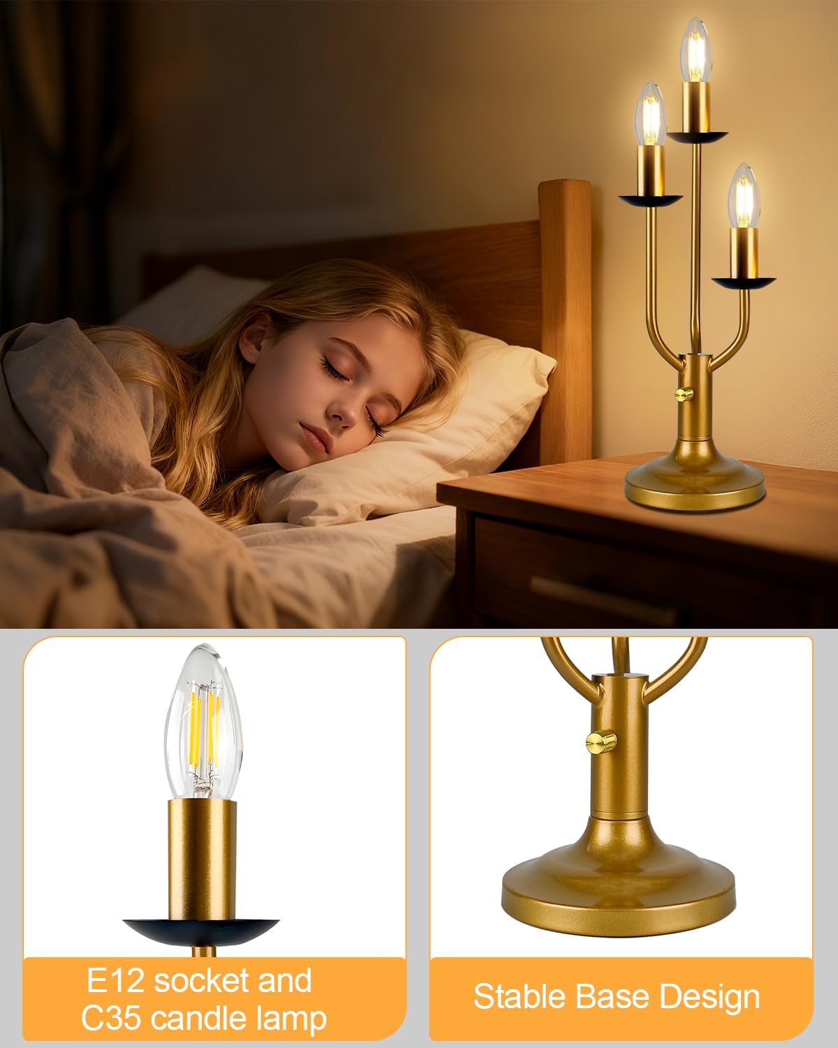 Lightdot Vintage Candelabra Table Lamp Dimmable Gold Lamp 3 Bulbs Included