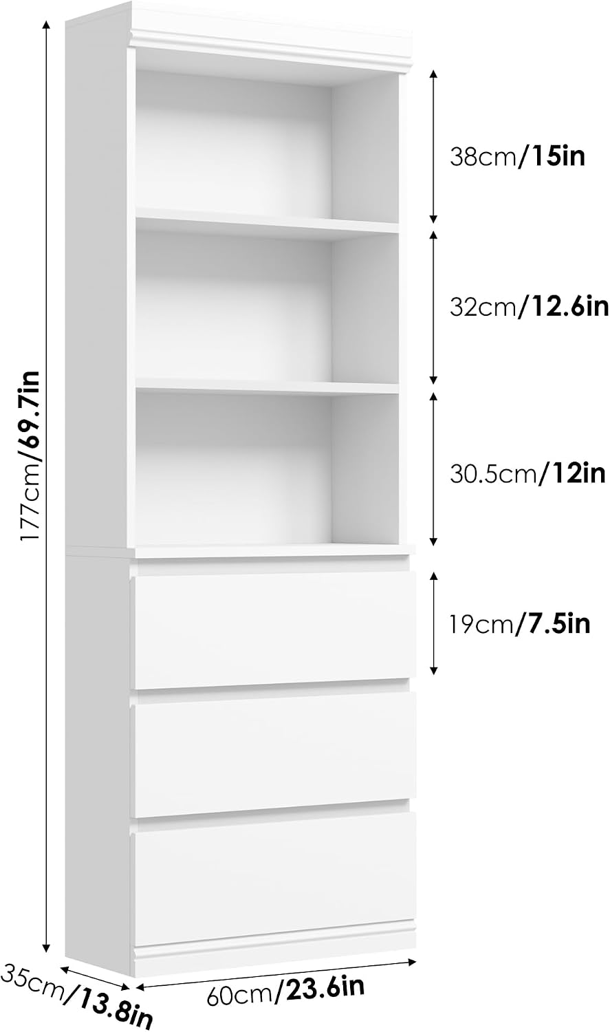GarveeHome 70 in Bookcase with Drawers, Tall Bookshelf Farmhouse Bookcases Wo...