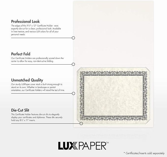 LUXPaper 9.5" x 12" Certificate Holders | White Linen | 100lb. Cover | 250 Qty - Image 2