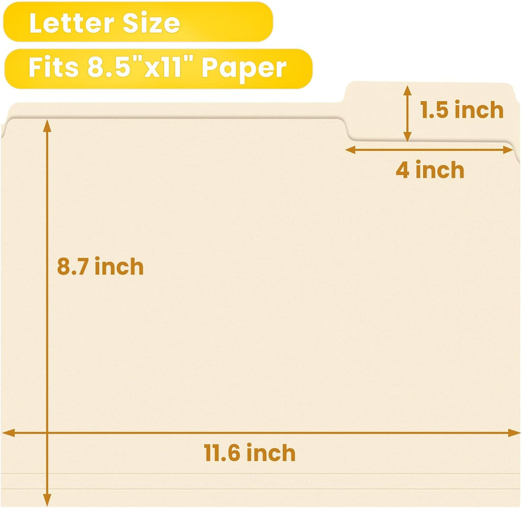 SUNEE File Folders, 18 Pack Manilla Folders 8.5 x 11, 1/3 Cut Tab for Easy Labeling and Organization, Durable Standard Paper for Home, Office, School Filing
