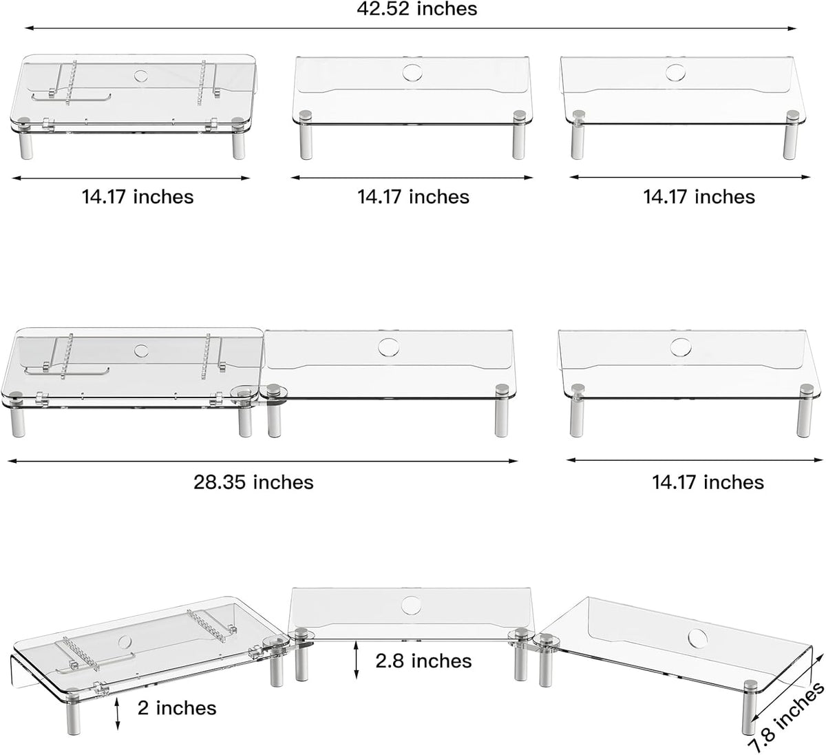 Clear Acrylic Dual Monitor Stand Riser,Laptop Riser Adjustable to 8 Angles