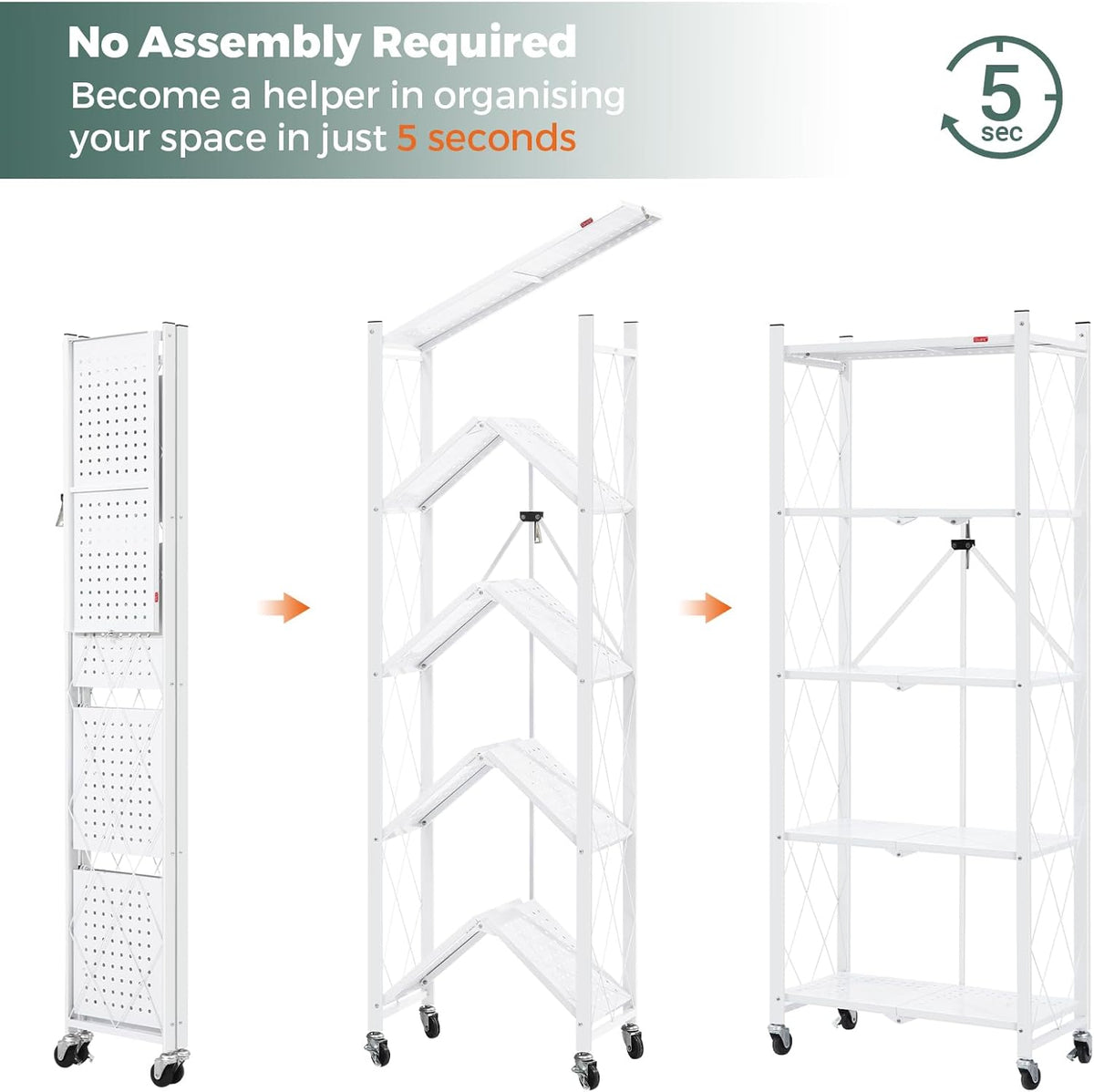DEANIC 5-Shelf Folding Bookcase with Wheels, Rolling Bookshelf Heavy Duty Sto...