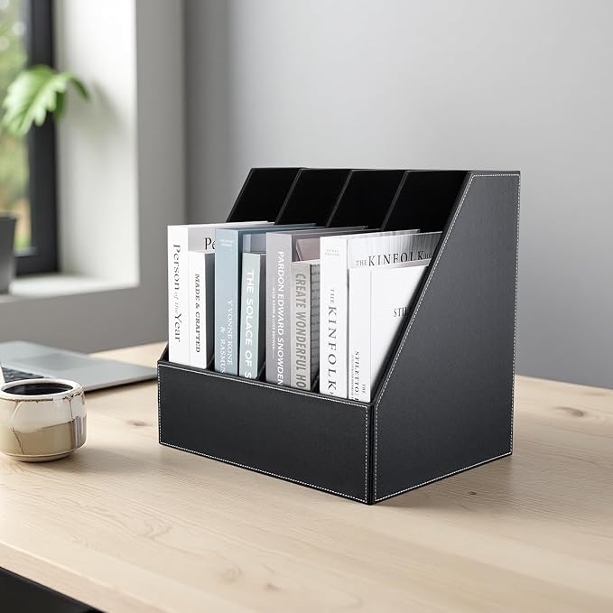 KINGFOM 4-Slot Wood Leather Document Files Holder Rack Stand Desk Files - Image 7