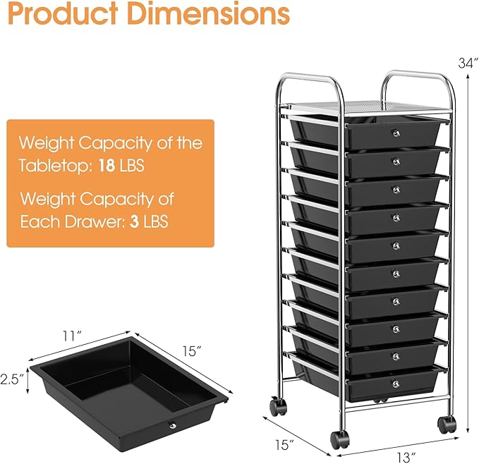 GLACER 10 Drawers Rolling Cart, Storage Cart - Image 3