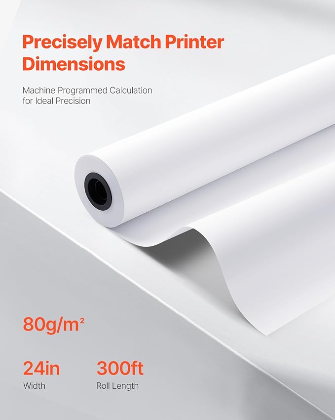 VEVOR Wide Format Paper, 24 in x 300 ft Plotter Roll, 2 Rolls CAD Bond Rolls - Image 3