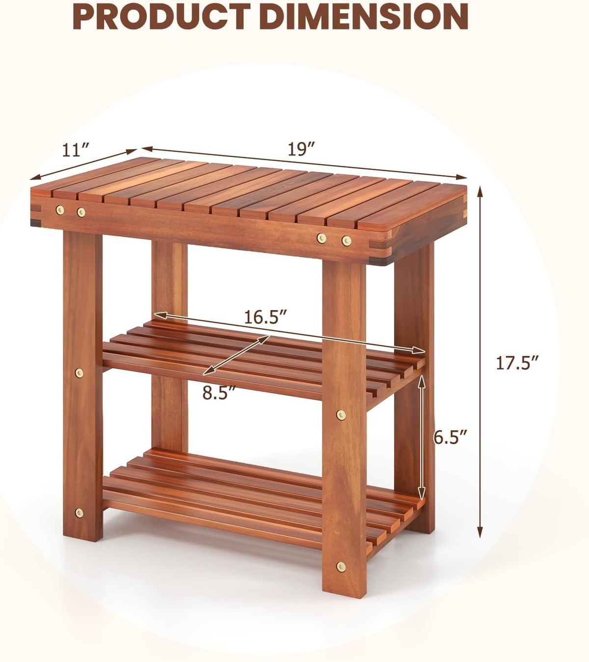 tangkula acacia wood 3-tier shoe rack bench, walnut, close-up detail