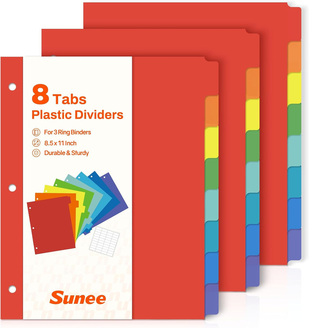 SUNEE 8 Tab Binder Dividers,Plastic Dividers for 3 Ring Binder,3 Ring Binder Dividers with Tabs for School Office Home Supplies,Bright Color, 3 Set