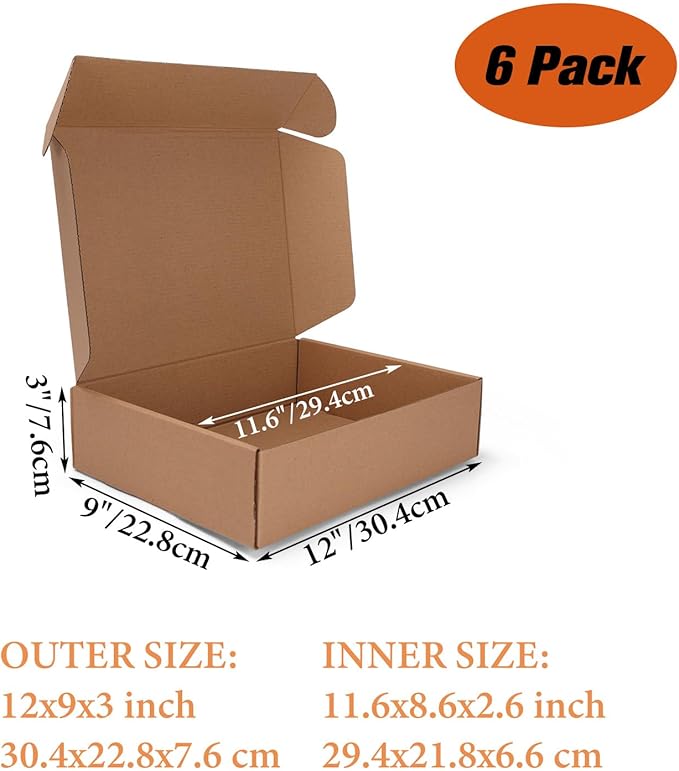 PHAREGE 12x9x3 inch Shipping Boxes 6 Pack Brown, Tab Lock Tuck Top Mailer Boxes - Image 2