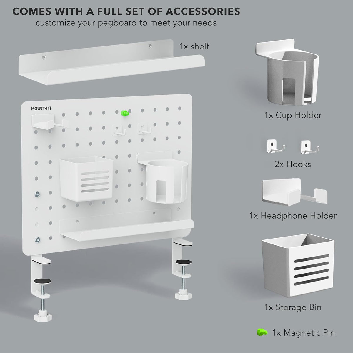 Mount-It! Clamp-On Desk Pegboard Organizer, White