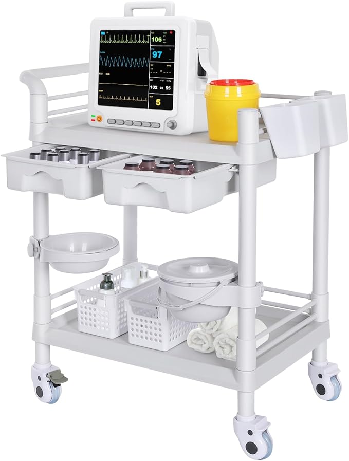 Medical Carts with Wheels 2 Tier Mobile Esthetician Cart 220 LBS Load Hospital by Enocreay