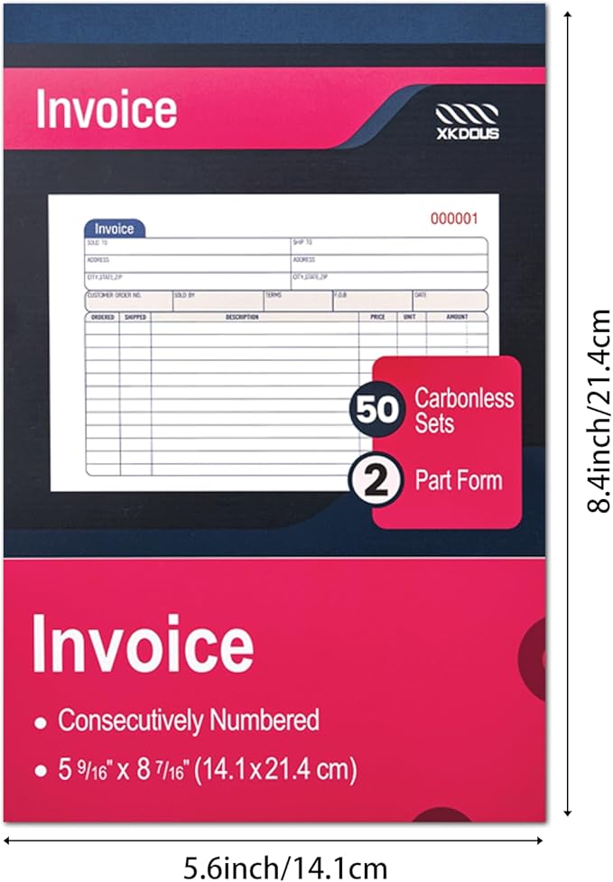 XKDOUS 10 Pack Invoice Book, 2-Part Carbonless, 5-9/16" x 8-7/16" Invoice - Image 2