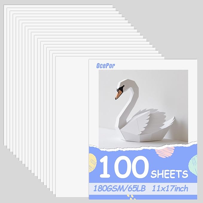 OcePor 100 Sheets White Cardstock 11” x 17”, 65lb/180gsm White Card Stock by OcePor