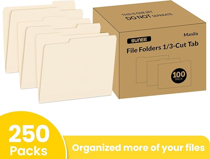 SUNEE Manilla Folders Letter Size, 250 Per Box, 1/3 Cut Tab - Image 2