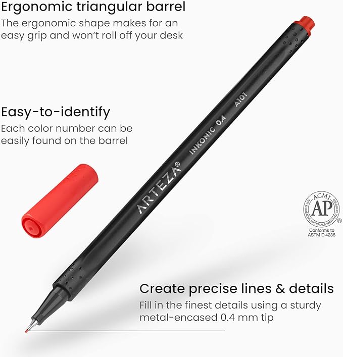 ARTEZA Inkonic Fineliners Fine Point Pens, 0.4mm Tips, Ergonomic Barrels - Image 3