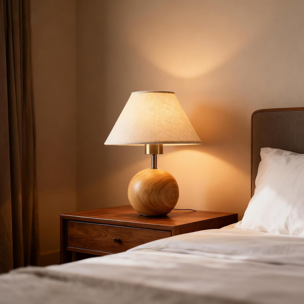 Wood Table Lamp for Bedroom, Flaxen Fabric Shade Small Desk Lamp for Living R...